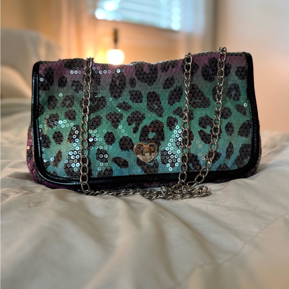 Betsey Johnson Purple and Green Sequin Shoulder Bag with Chain Strap